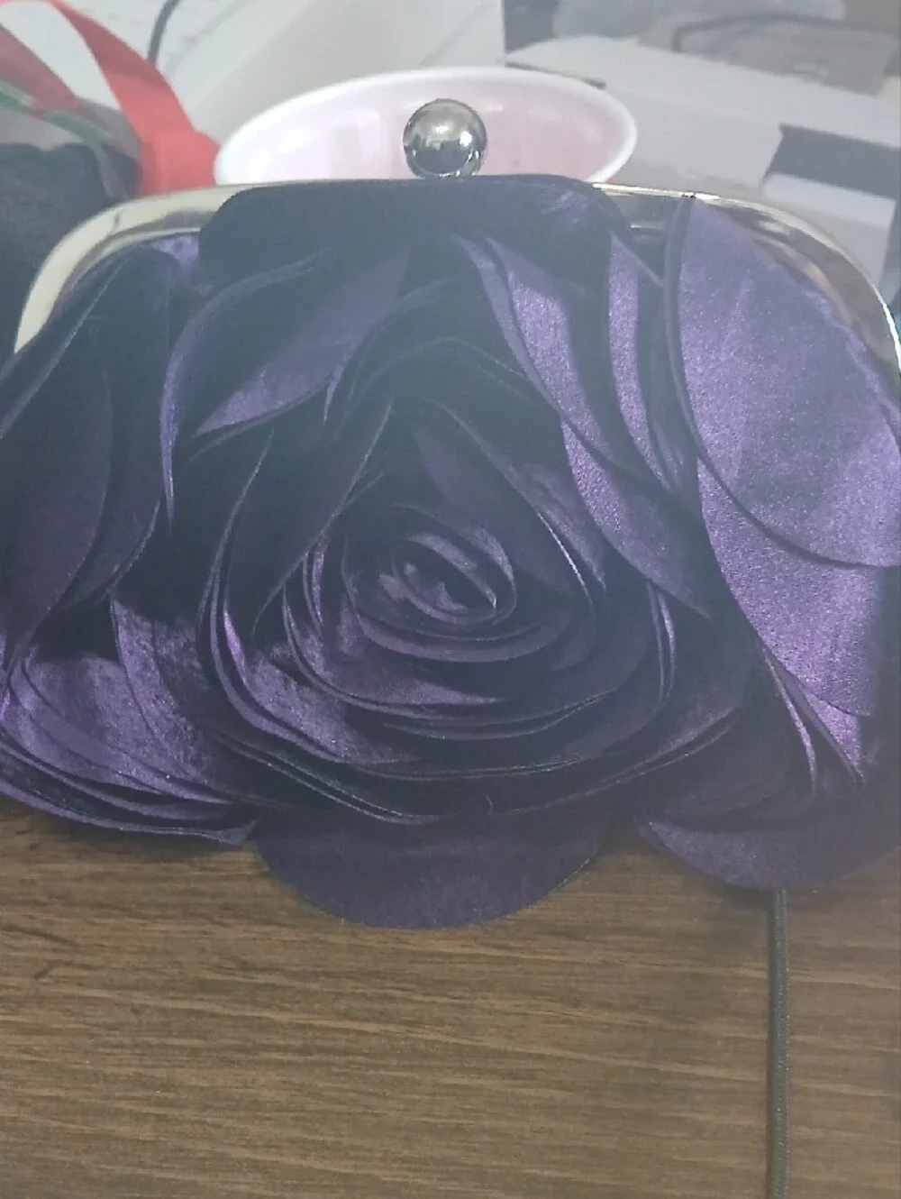 Elegant Purple Rose Satin Clutch - Women Bags With 2 Chains